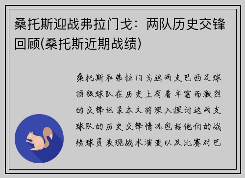 桑托斯迎战弗拉门戈：两队历史交锋回顾(桑托斯近期战绩)