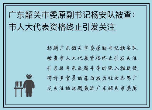 广东韶关市委原副书记杨安队被查：市人大代表资格终止引发关注