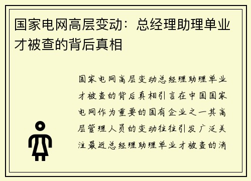 国家电网高层变动：总经理助理单业才被查的背后真相