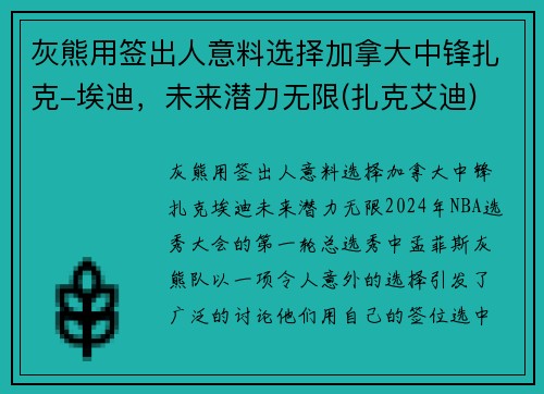 灰熊用签出人意料选择加拿大中锋扎克-埃迪，未来潜力无限(扎克艾迪)