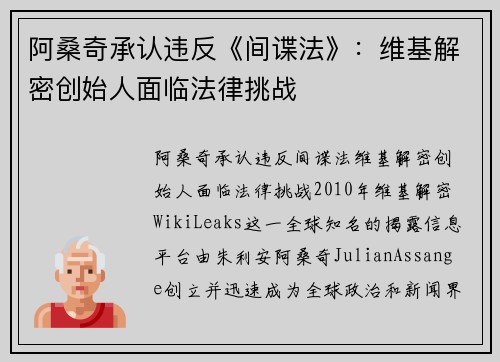 阿桑奇承认违反《间谍法》：维基解密创始人面临法律挑战