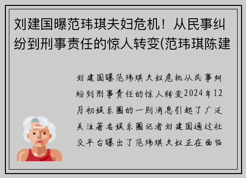 刘建国曝范玮琪夫妇危机！从民事纠纷到刑事责任的惊人转变(范玮琪陈建州婚纱照)