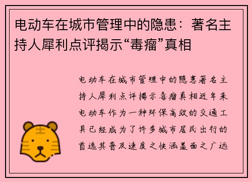 电动车在城市管理中的隐患：著名主持人犀利点评揭示“毒瘤”真相