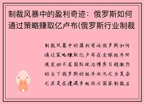 制裁风暴中的盈利奇迹：俄罗斯如何通过策略赚取亿卢布(俄罗斯行业制裁名单)